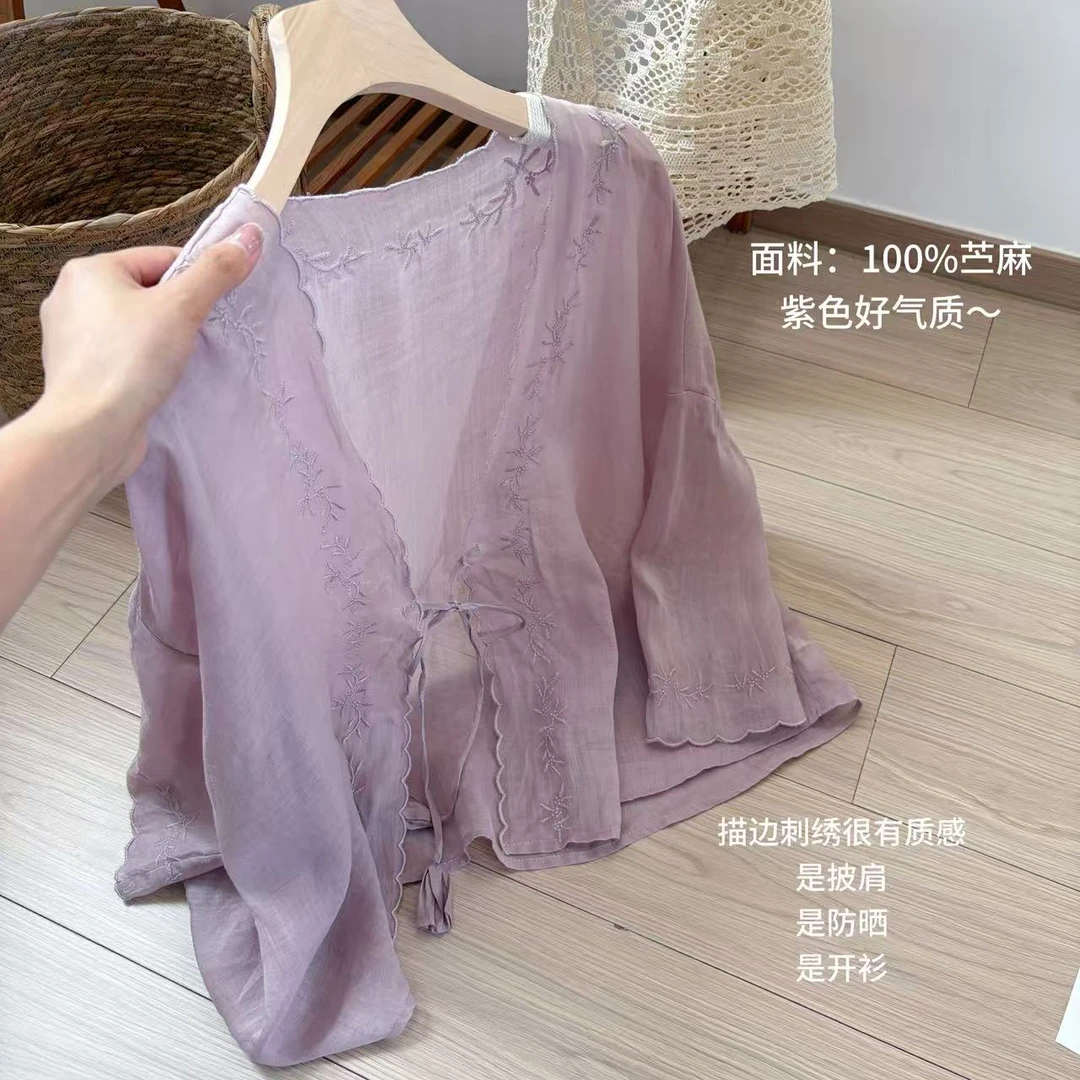 小柒家A0021-文艺夏季紫色绣花系带小衫九分袖开衫薄款苎麻小外套