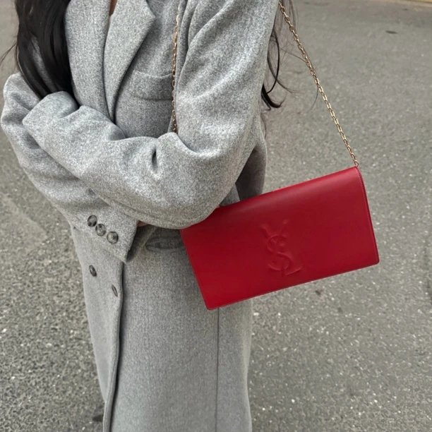 95新 YSL/圣罗兰 YSL红色牛皮手拿包送链条
