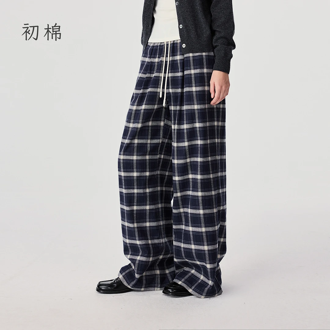 初棉【8.1上新】25秋绒感文艺感休闲格纹抽绳松紧腰阔腿裤366618018