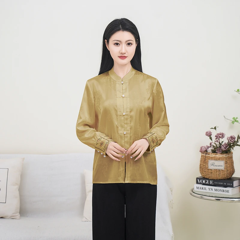 中式家居服设计改良国风汉服中国冰丝长袖睡衣女士单上衣NO.7