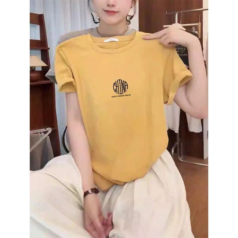 2025夏季新款正肩纯棉黄色短袖t恤女装ins简约百搭洋气高级上衣潮