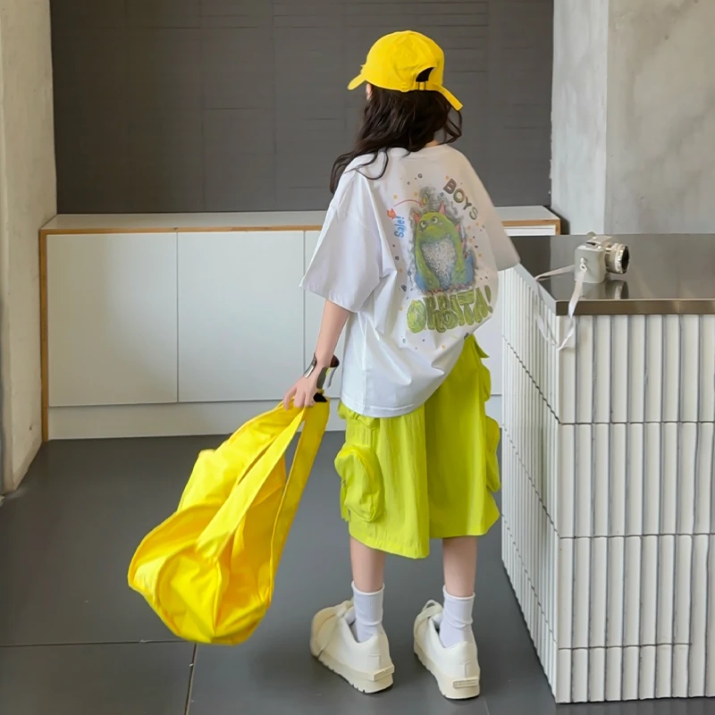 女童夏装套装2025夏季新款儿童韩版印花短袖T恤工装五分裤两件套
