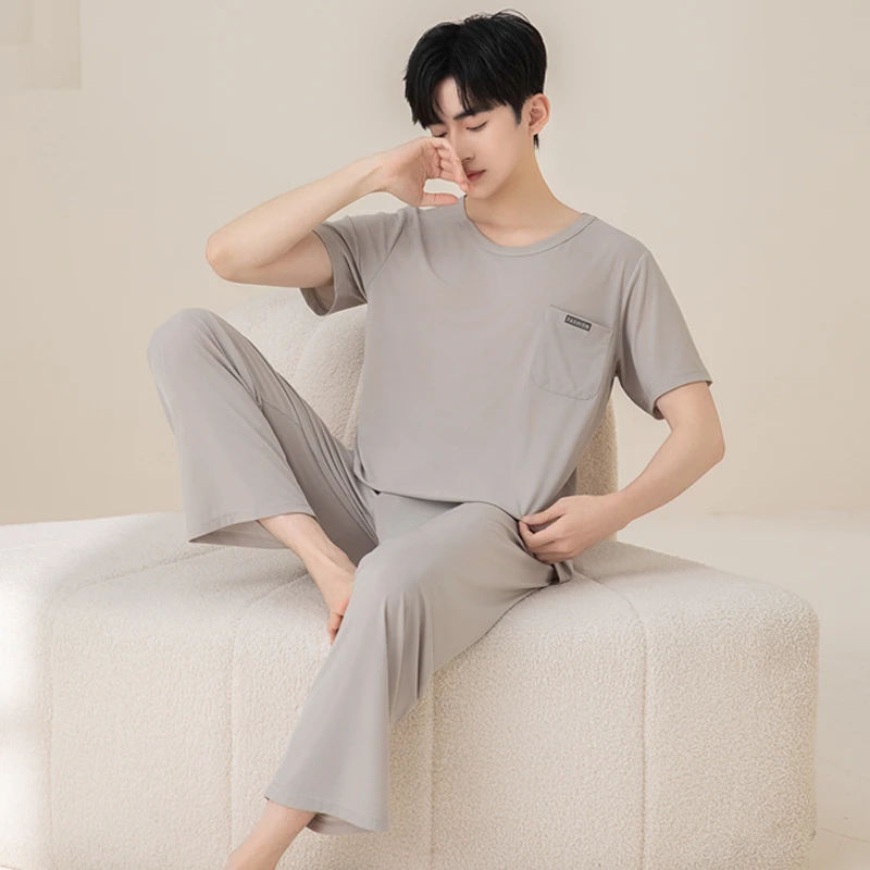 2025夏季新款青年男士冰丝睡衣夏天薄款舒适大码运动家居服套装
