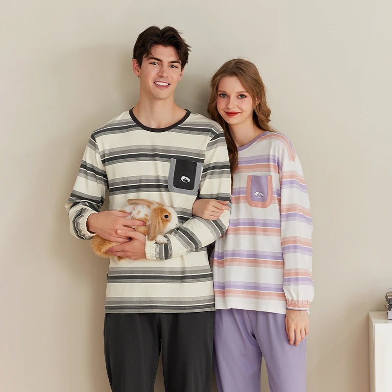 芬腾情侣睡衣春秋纯棉圆领长袖女宽松休闲男士大码家居服套装秋季