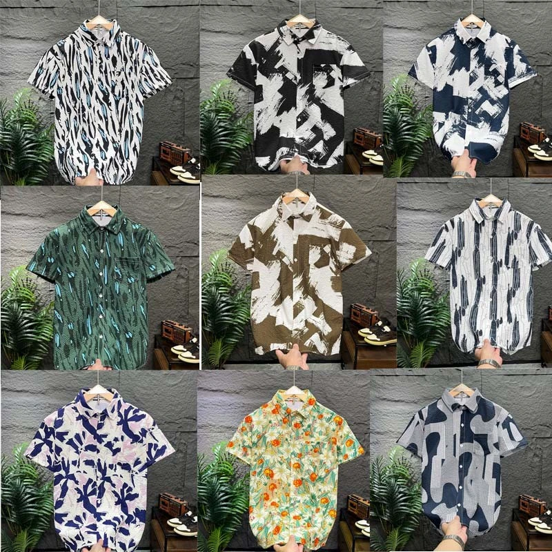 轻奢日系休闲印花短袖衬衫男士夏季时尚百搭文艺痞帅泡泡格衬衣