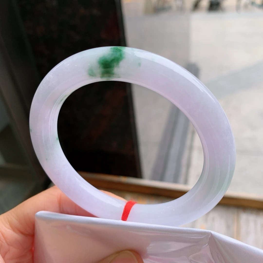 天然翡翠缅A冰种手镯，圈口60-61圆圈紫底飘花 完美 尺寸：60/10.5
