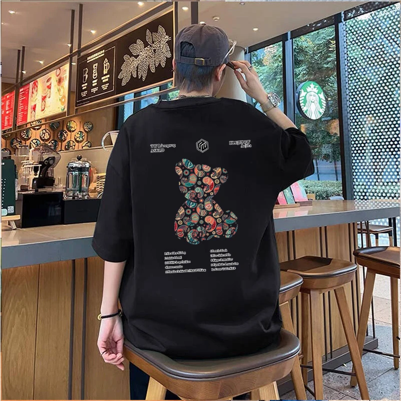 纯棉短袖T恤男生潮牌美式宽松大码上衣卡通休闲情侣半袖青少年ins