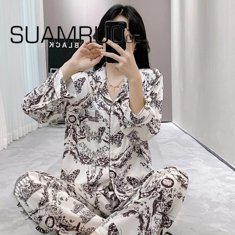 睡衣女款冰丝春夏天2025套装新款蝴蝶水墨画高级感长袖睡衣家居服