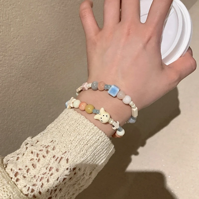 非金属陶瓷手链 小清新彩色陶瓷猫咪手链女夏季可爱甜美手链学生