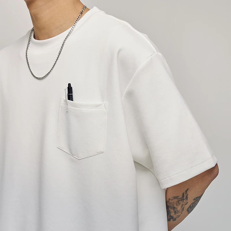 REOCHA热呈25SS日系休闲空气层圆领纯色口袋短袖印花打底情侣t恤