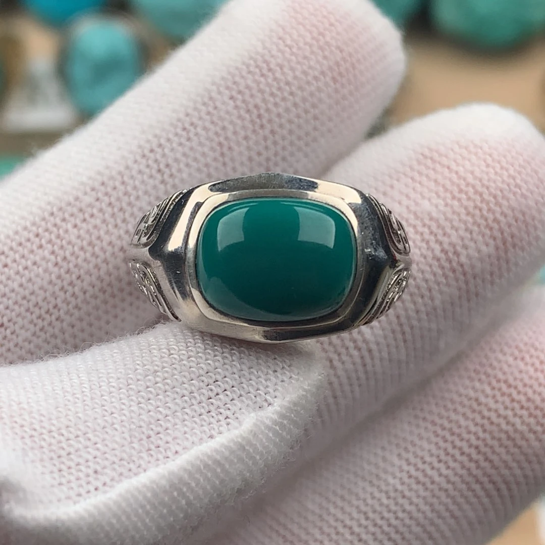绿松石配饰银S925镶嵌男戒可调节