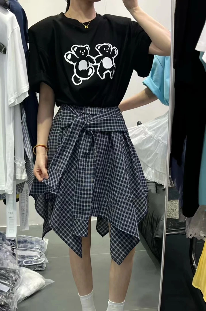 5190#【大四禧】2025夏季新款不规则高腰格子短裙减龄洋气半身裙女