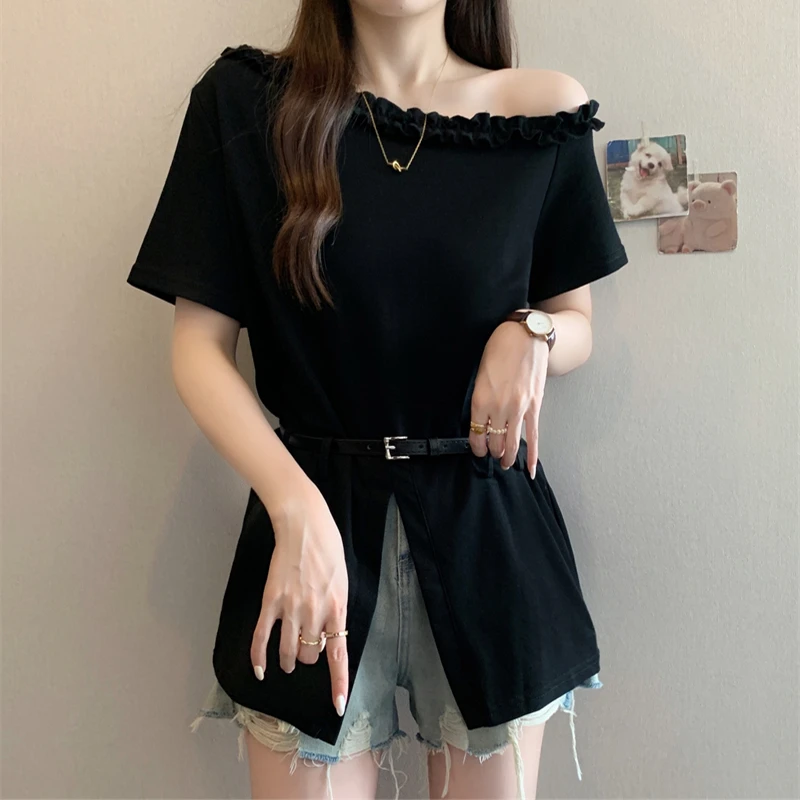 大码女装遮肚子一字领木耳边打底衫女夏季胖妹妹显瘦正肩t恤上衣