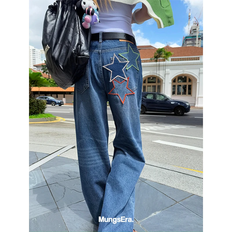 MungsEra「星星」ivy私服刺绣中低腰水洗裤轻奢牛仔裤