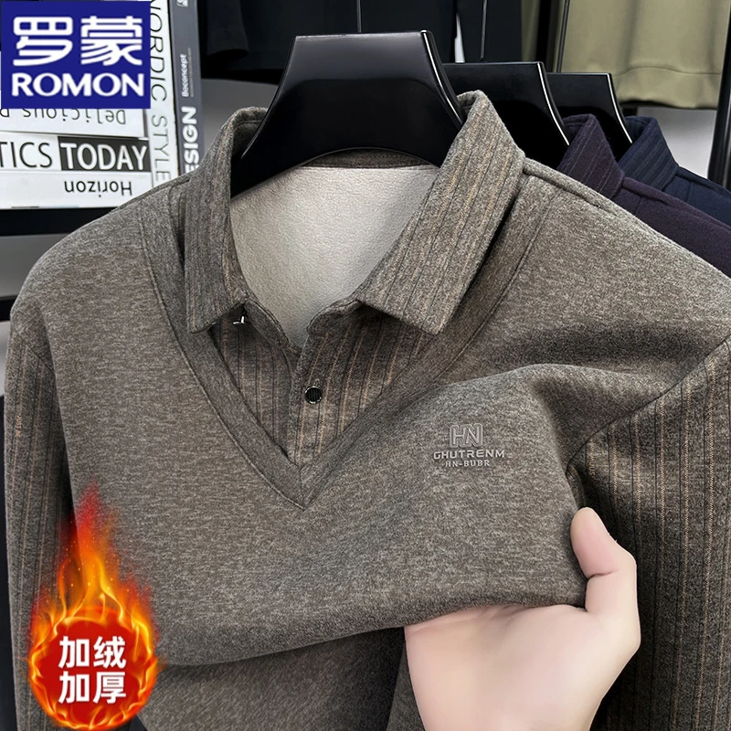 罗蒙长袖男士假两件加绒加厚针织衫休闲翻领百搭宽松保暖套头毛衣