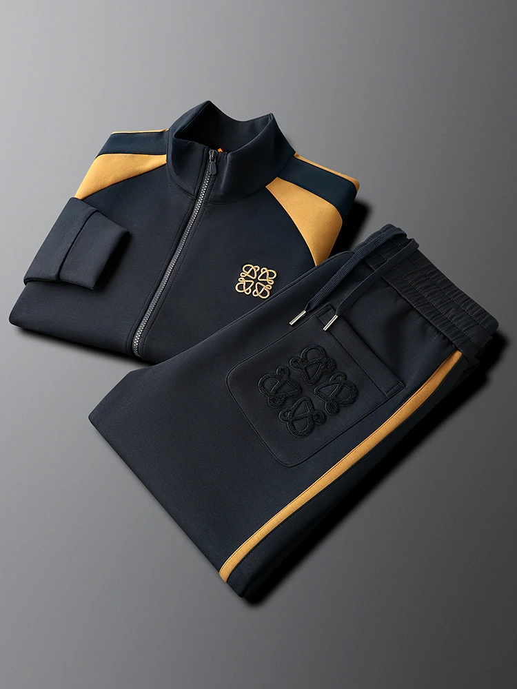 凯邦威克莫代尔休闲运动套装男秋季厚款拼接男士开衫夹克外套卫裤