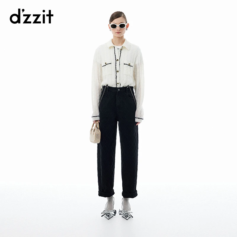 376【专属】dzzit地素牛仔裤春秋菱形花纹可拆卸背带黑色棉质长裤女