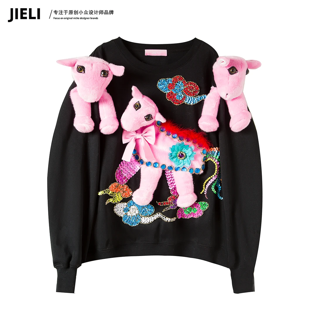 JIE LI/街力原创小众设计感休闲潮流宽松小马卫衣女T9359