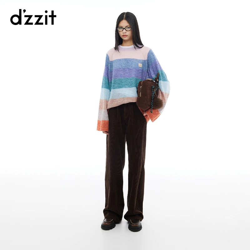 606【专属】dzzit地素长袖针织衫条纹薄款宽松圆领上衣女3I4E460