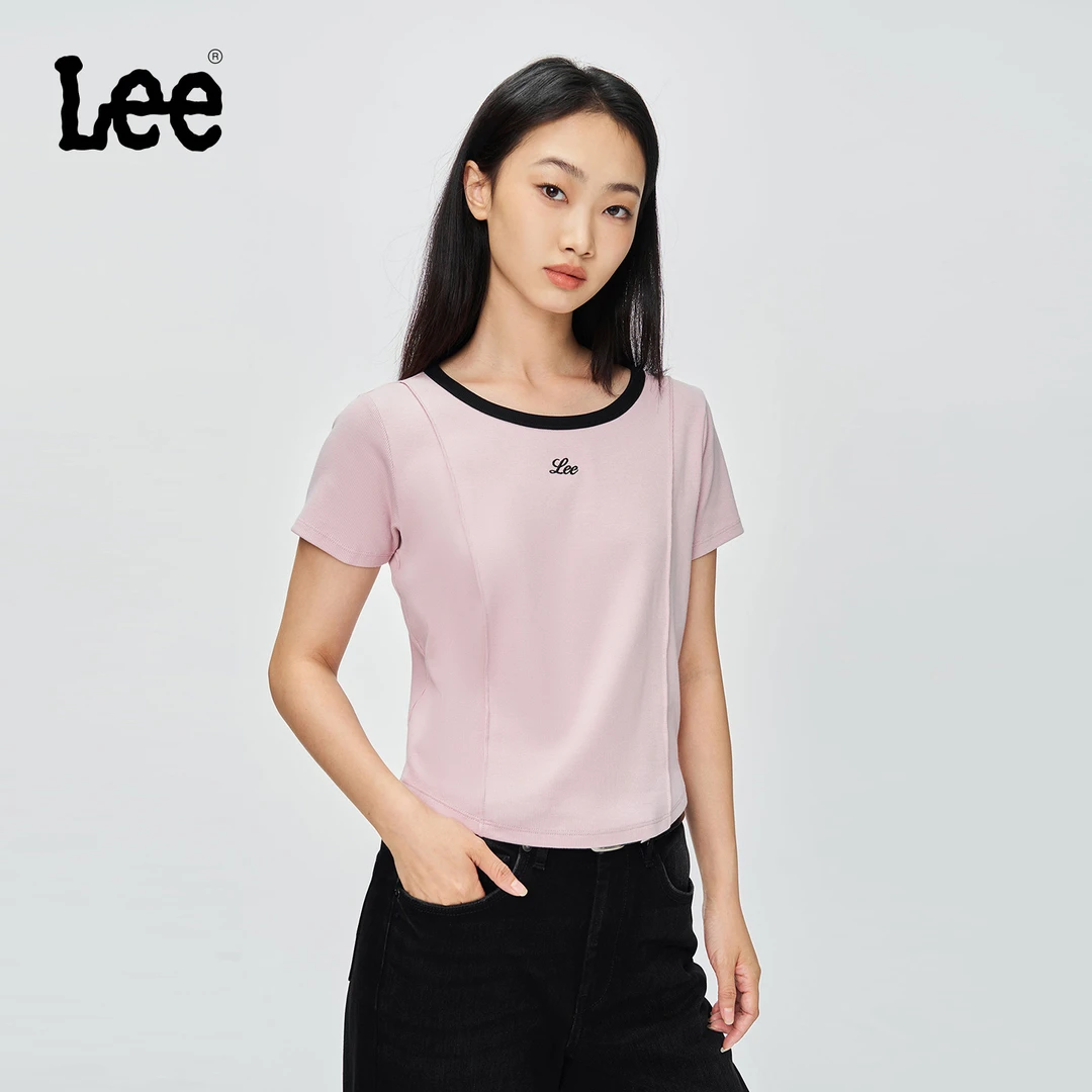 Lee商场同款25早秋修身版小刺绣Logo撞色领口设计女短袖T恤