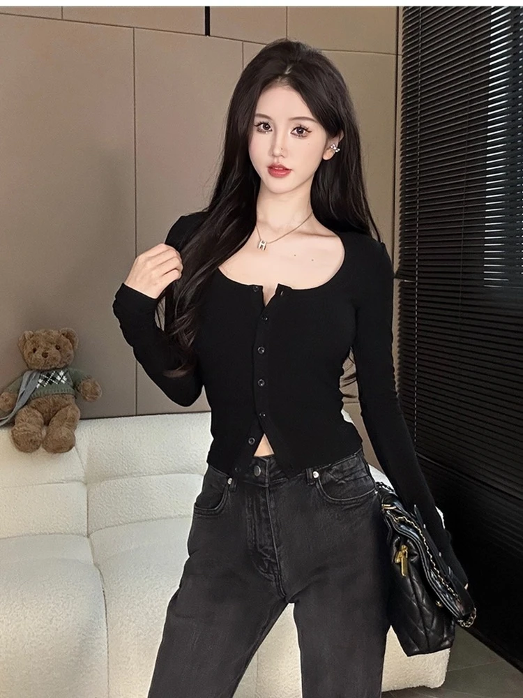 打底衫女韩版修身春夏款大圆领上衣百搭显瘦黑色长袖针织衫Z306