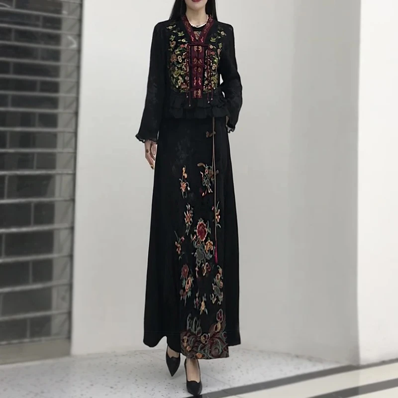 春季新中式刺绣铜氨丝衬衫薄款短外套开衫半身裙长裙子两件套装女