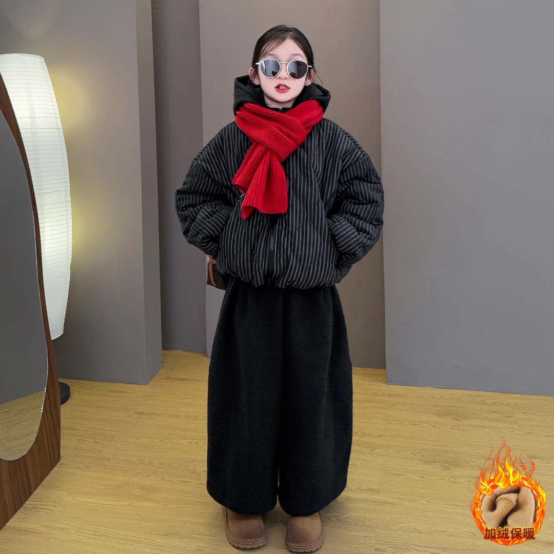 女童2025新品韩版时尚穿搭休闲连帽条纹棉衣加绒阔腿百搭裤套装潮