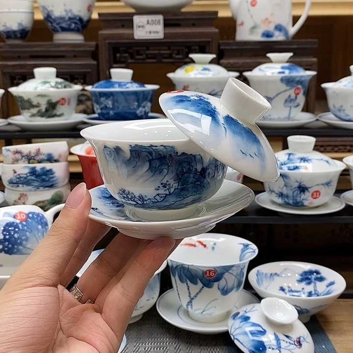 手绘烟雨江南盖碗悬停150釉下彩微瑕福利款