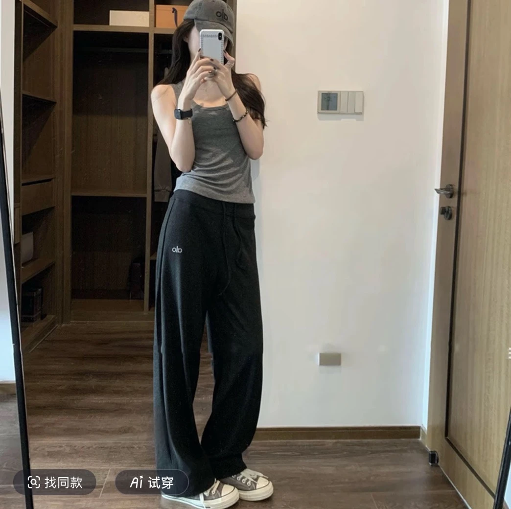 【斯淇专属】秋季遛弯裤新品针织慵懒显瘦直筒阔腿休闲裤宽松抽绳软