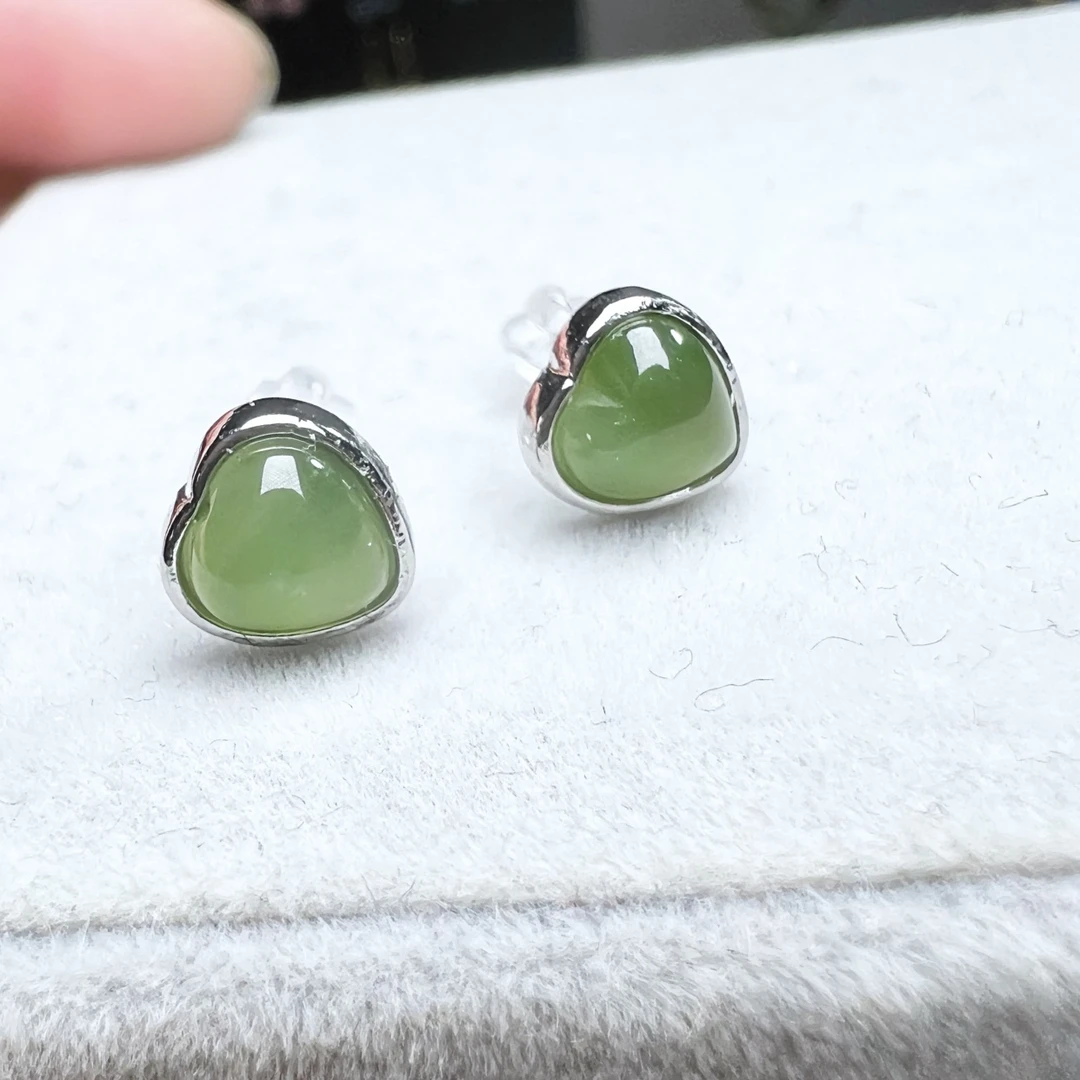 纯天然和田碧玉耳饰 心形精致优雅银耳饰 温润细腻显气质款