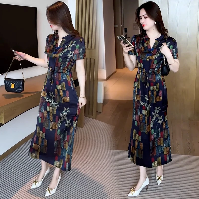 冰丝印花连衣裙女2025夏季新款气质收腰显瘦新中式盘扣中长款裙子