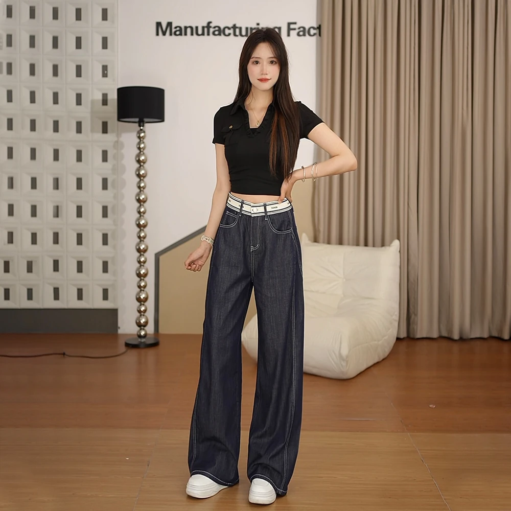 莱塞尔天丝薄款丹宁蓝弯刀裤高腰夏季显瘦休闲时尚设计感阔腿裤