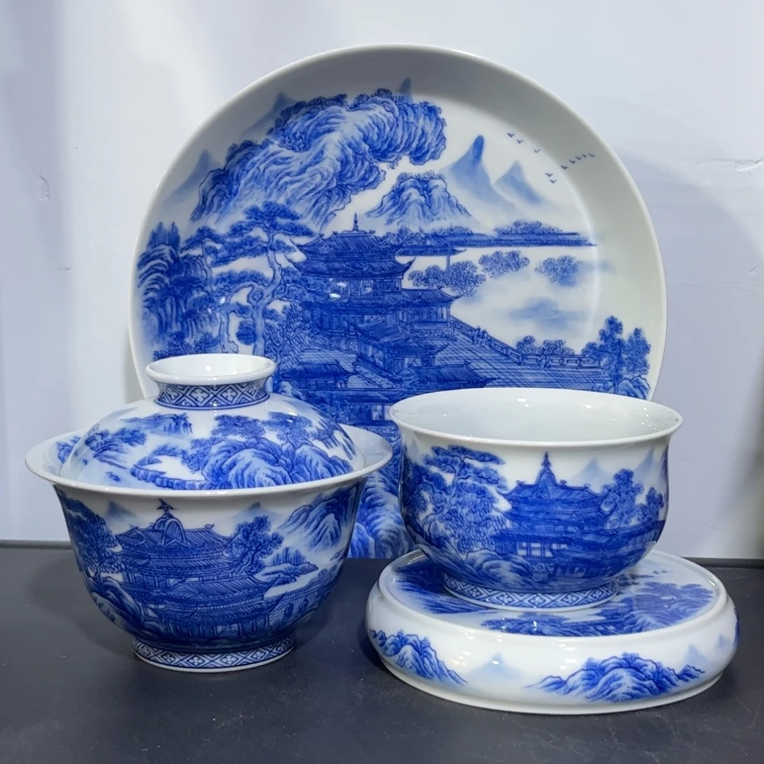 青花山水亭台楼阁四件套 可拆分