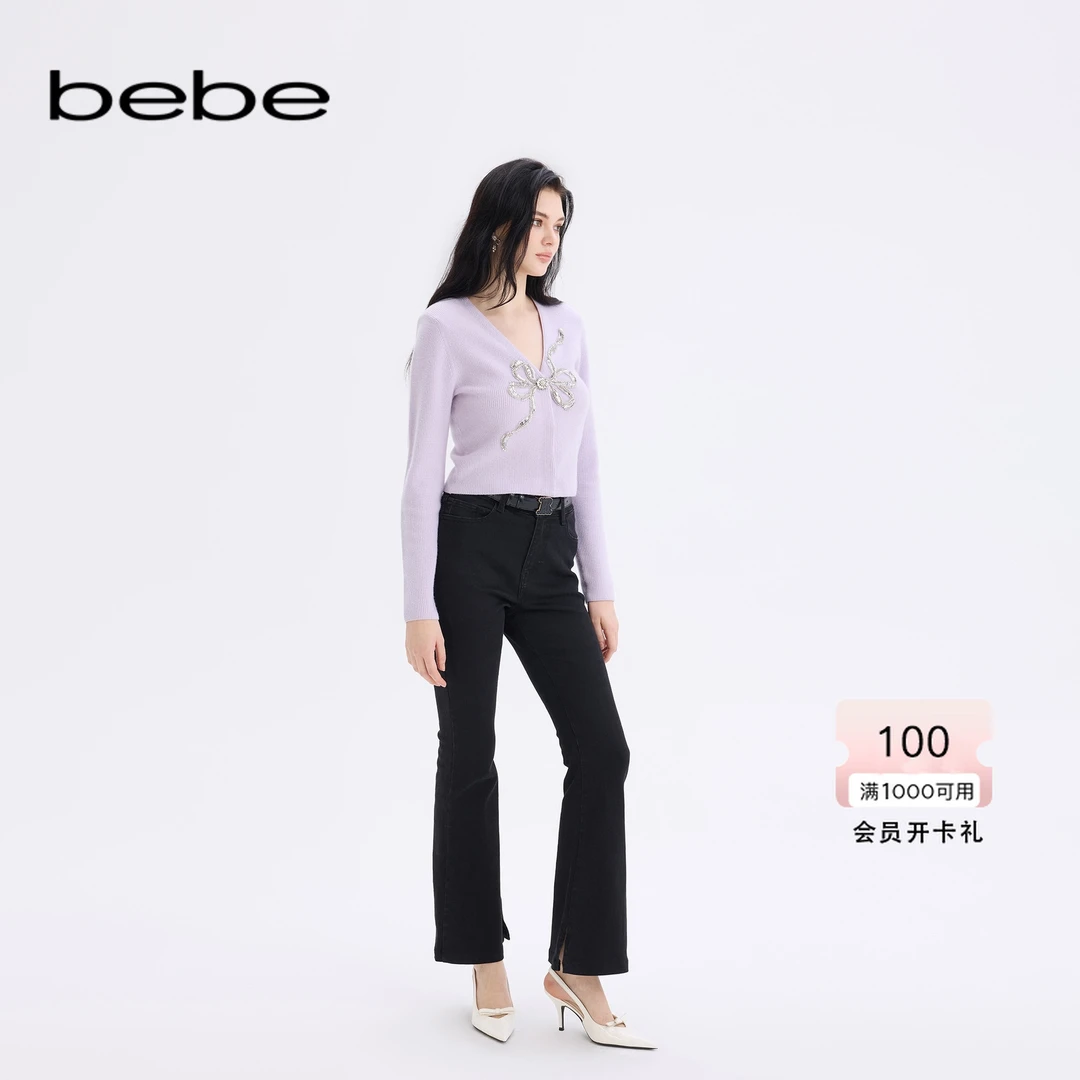 bebe2025秋冬新款V领含羊毛修身显瘦蝴蝶结修饰针织开衫430611