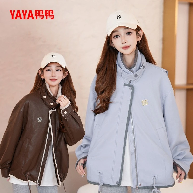 鸭鸭羽绒服街头风冬季宽松短款冬季时尚拼接立领气质保暖外套女士