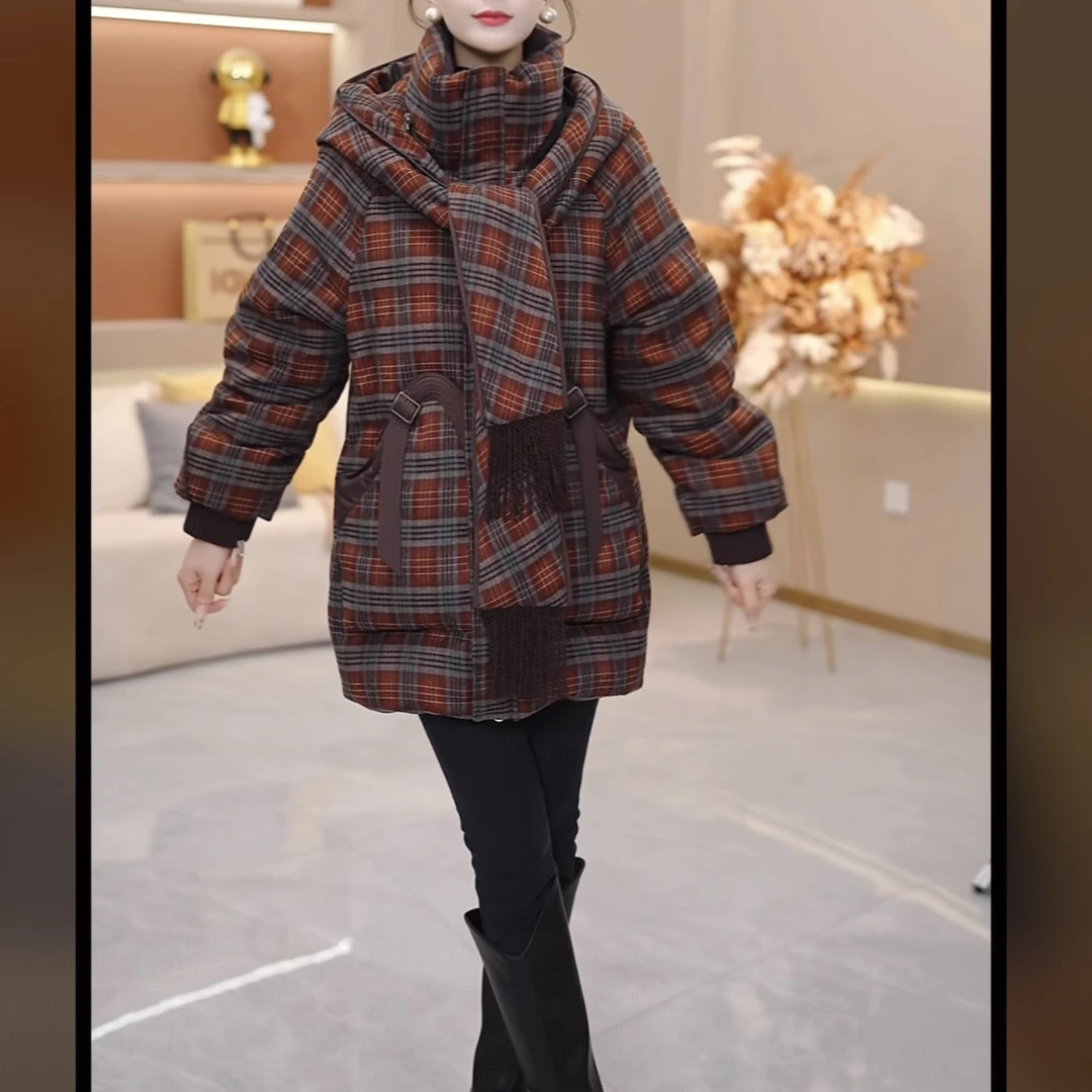 【羽绒服】2025冬季连帽格纹气质保暖时尚加厚羽绒服新款SJYH3901