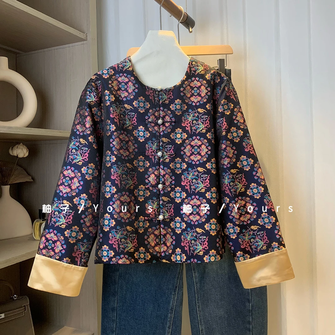 柚子Yours【双凤和鸣】毛明山100桑蚕丝四重纬宋锦银扣正肩外套女