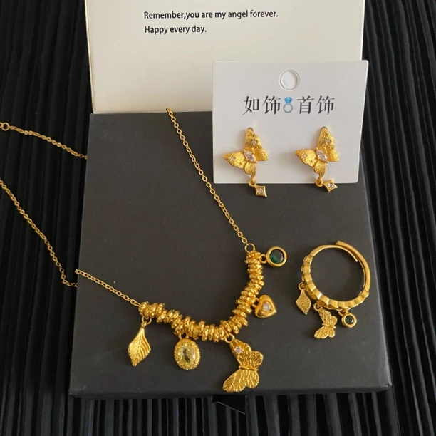 铜合金项链 如饰 新款古法流苏三件套首饰百搭精致金色