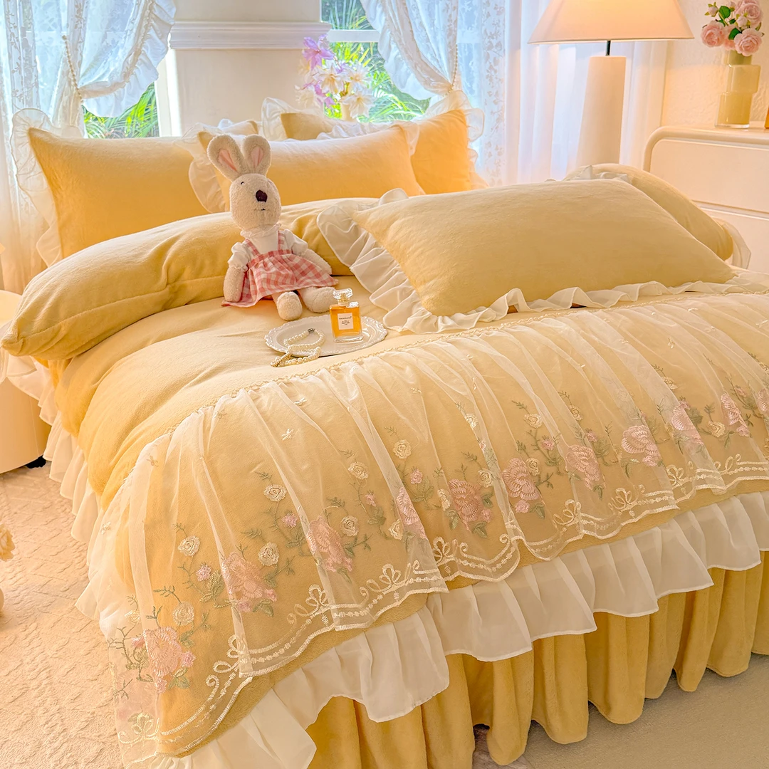 牛奶绒公主风床裙款四件套冬季加厚珊瑚绒少女心被套床单三件套