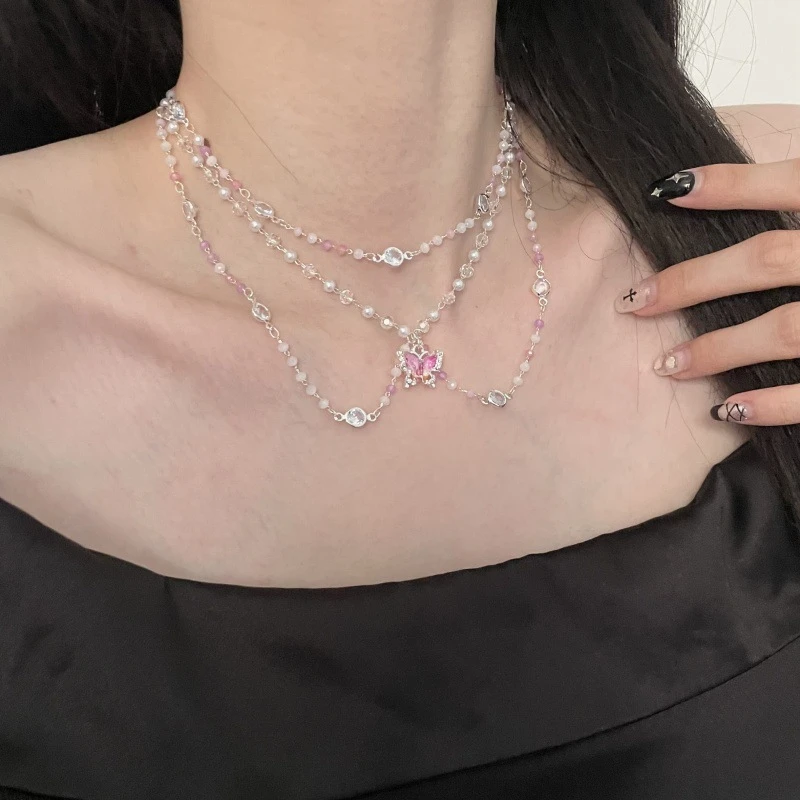 合金大理石项链 《樱语》甜美彩色蝴蝶多层锁骨链清新温柔叠戴A055