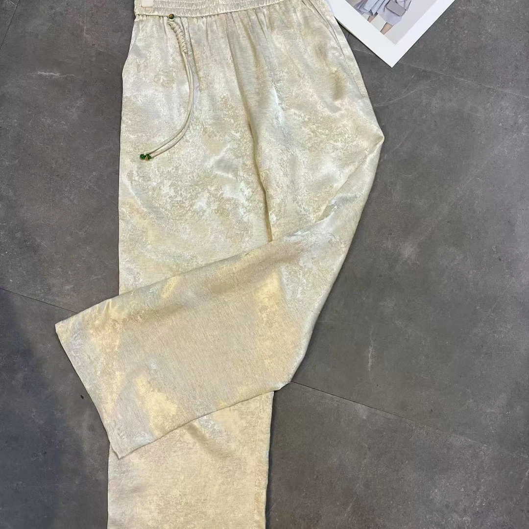 中式白色阔腿裤女春秋新款中国风松紧腰提花休闲女裤613