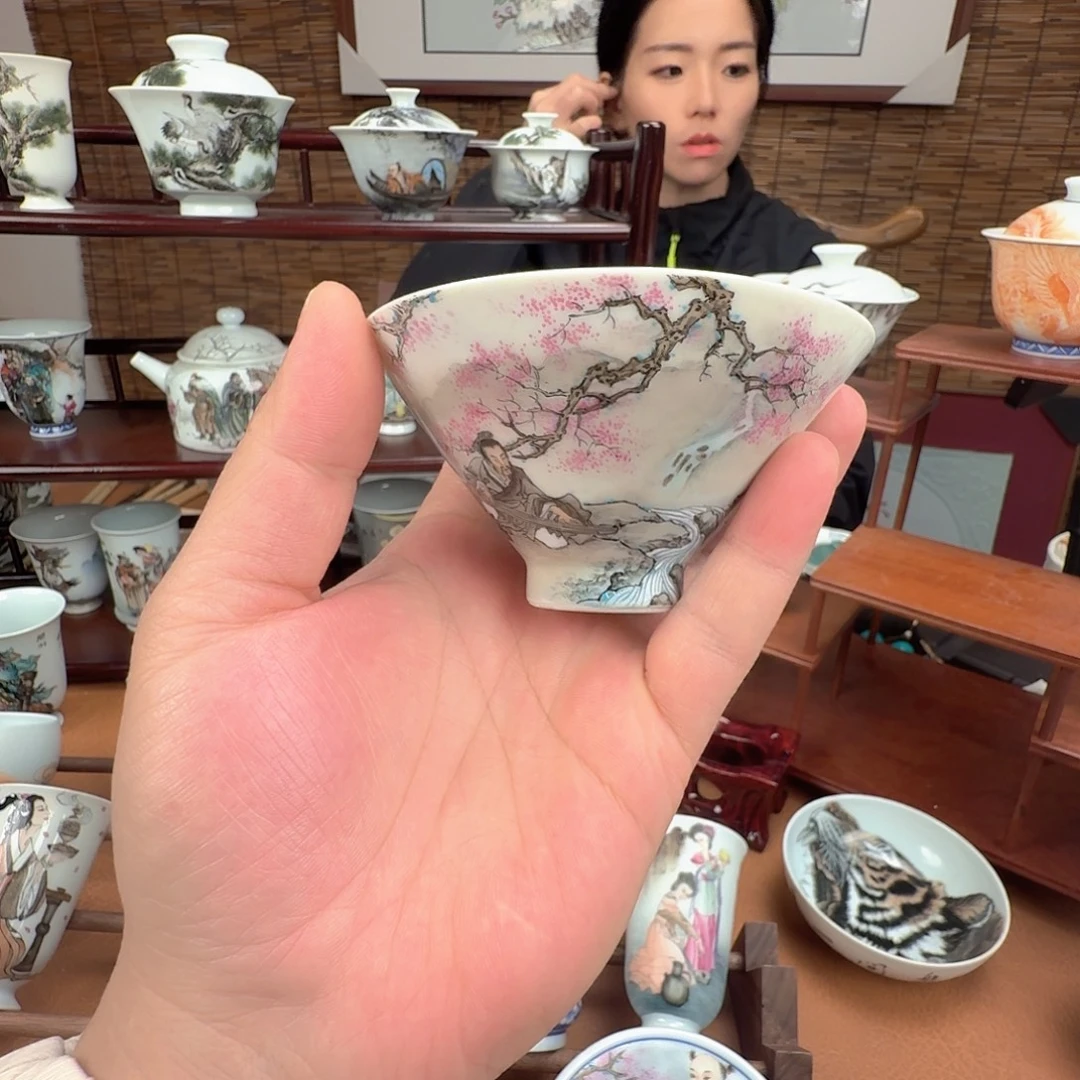 瓷摆件伯牙抚琴手绘斗笠