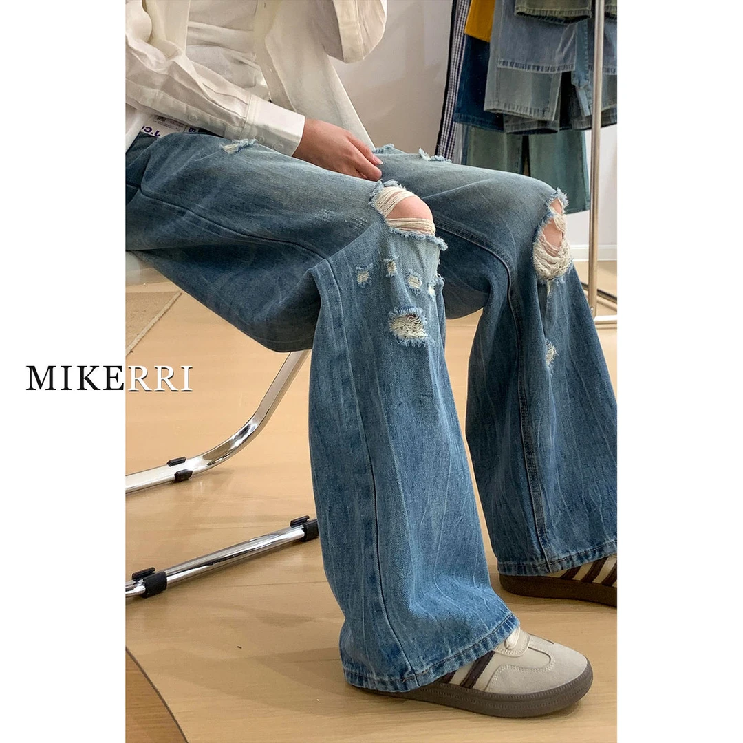 美式破洞牛仔裤女夏季新款大码胖mm梨形身材宽松显瘦高腰阔腿裤子