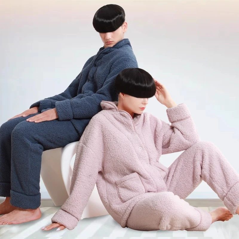 2025年秋冬男女款法兰绒翻领套装可外穿情侣加厚加绒保暖家居套装