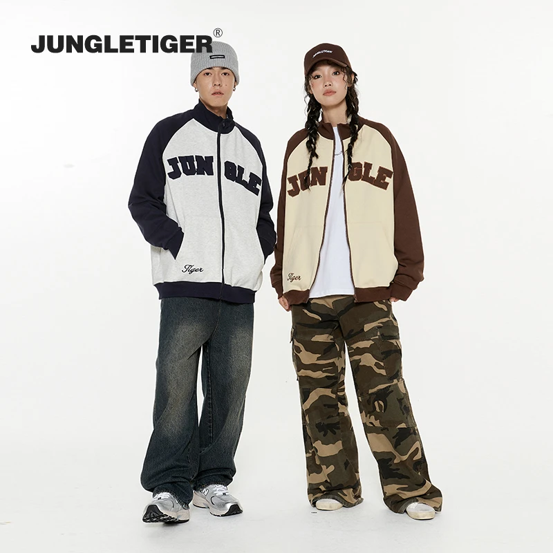 丛林老虎美式复古贴布刺绣卫衣男慵懒风高街宽松插肩拼色拉链外套