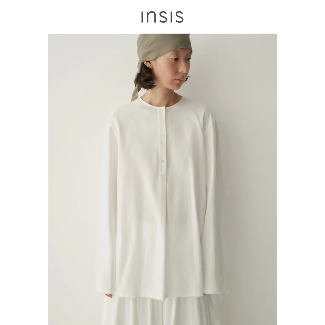 INSIS FEMME色织全棉2026春简约文艺圆领新中式半门襟直身衬衣女