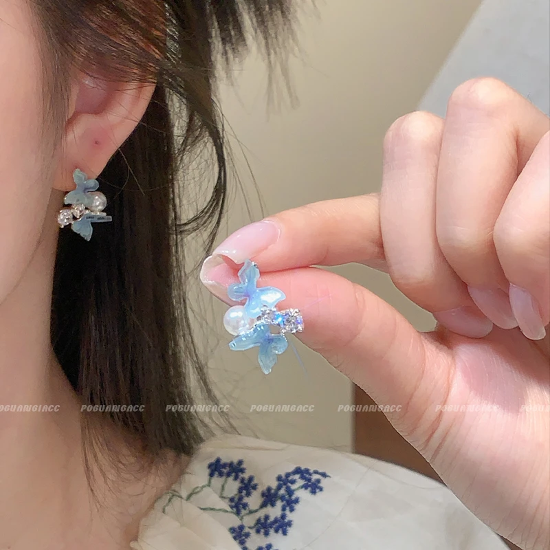 合金仿珍珠耳饰 EH324小众设计高级感轻奢蓝色蝴蝶锆石珍珠耳钉女