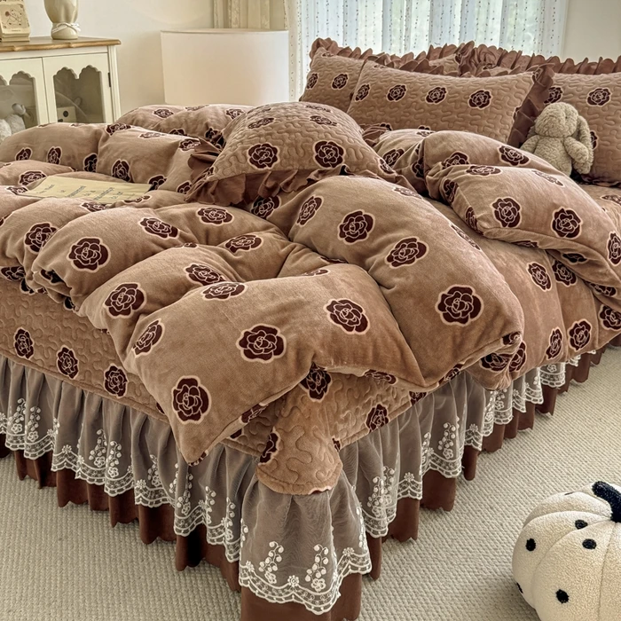 【夹棉床盖花边款】牛奶绒加厚床盖四件套床盖三件套双面绒加绒毛绒