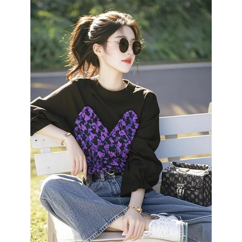 高级感碎花拼接假两件长袖衬衫女2025年春季新款时尚圆领宽松上衣