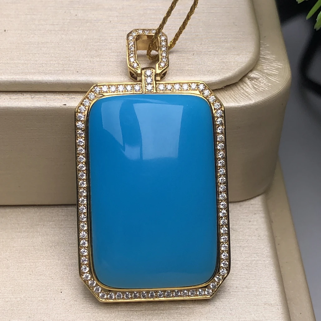 原矿绿松石玉化料暴力蓝18k金吊坠